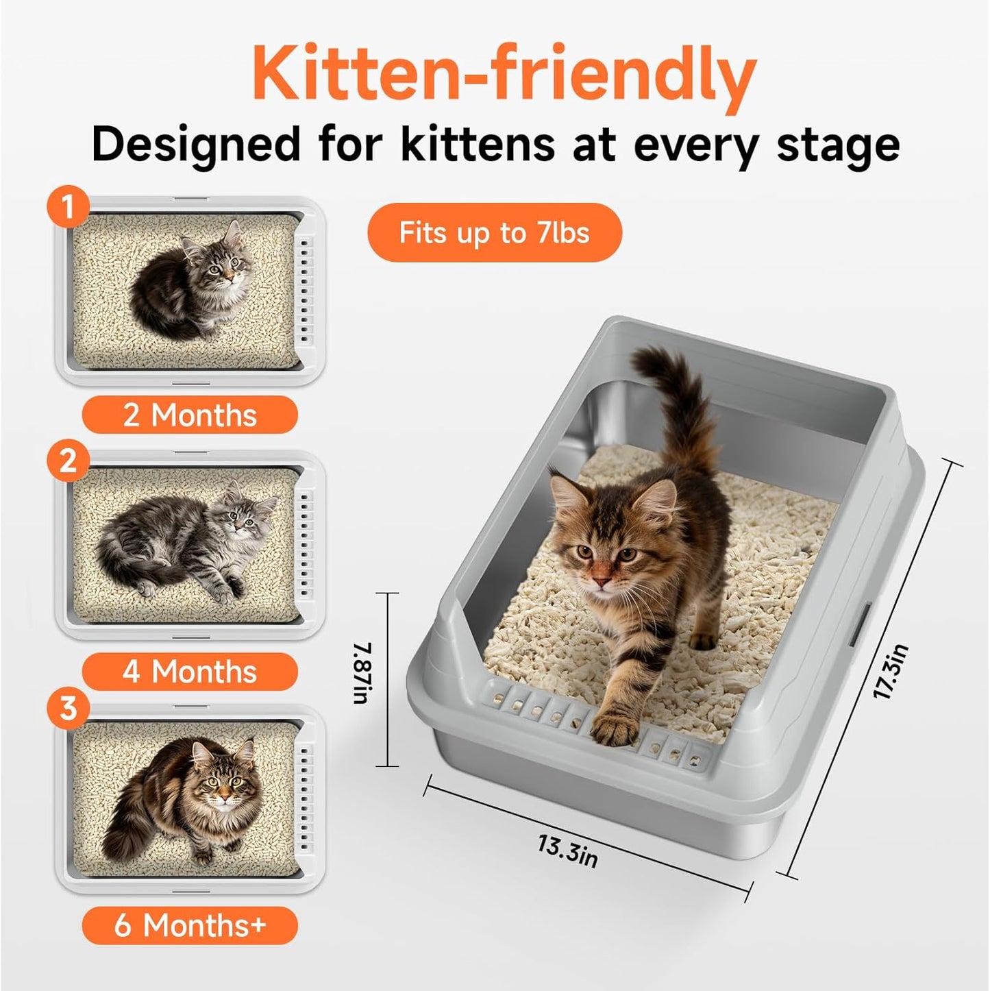 Stainless Steel Cat Litter Box, Odor Free Metal Litter Box with High Sides Lid, Open Top Low Entry Litter Pan Include Scoop Easy Cleaning Anti-Scratch Kitty Cat Box Anti-Urine Leakage, Non-Sticky