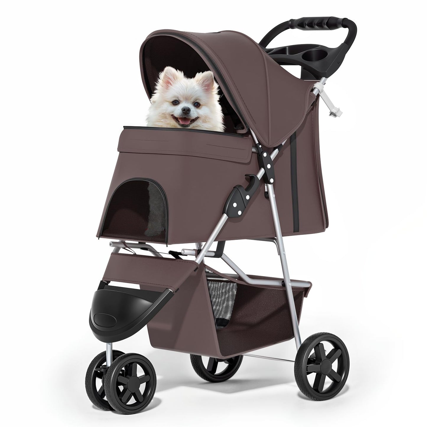 Foldable pet carrier with a rain cover, three-wheel design, suitable for small to medium-sized dogs and cats, equipped with a storage basket and cup holder, featuring a breathable and transparent mesh design, suitable for all seasons, black version.