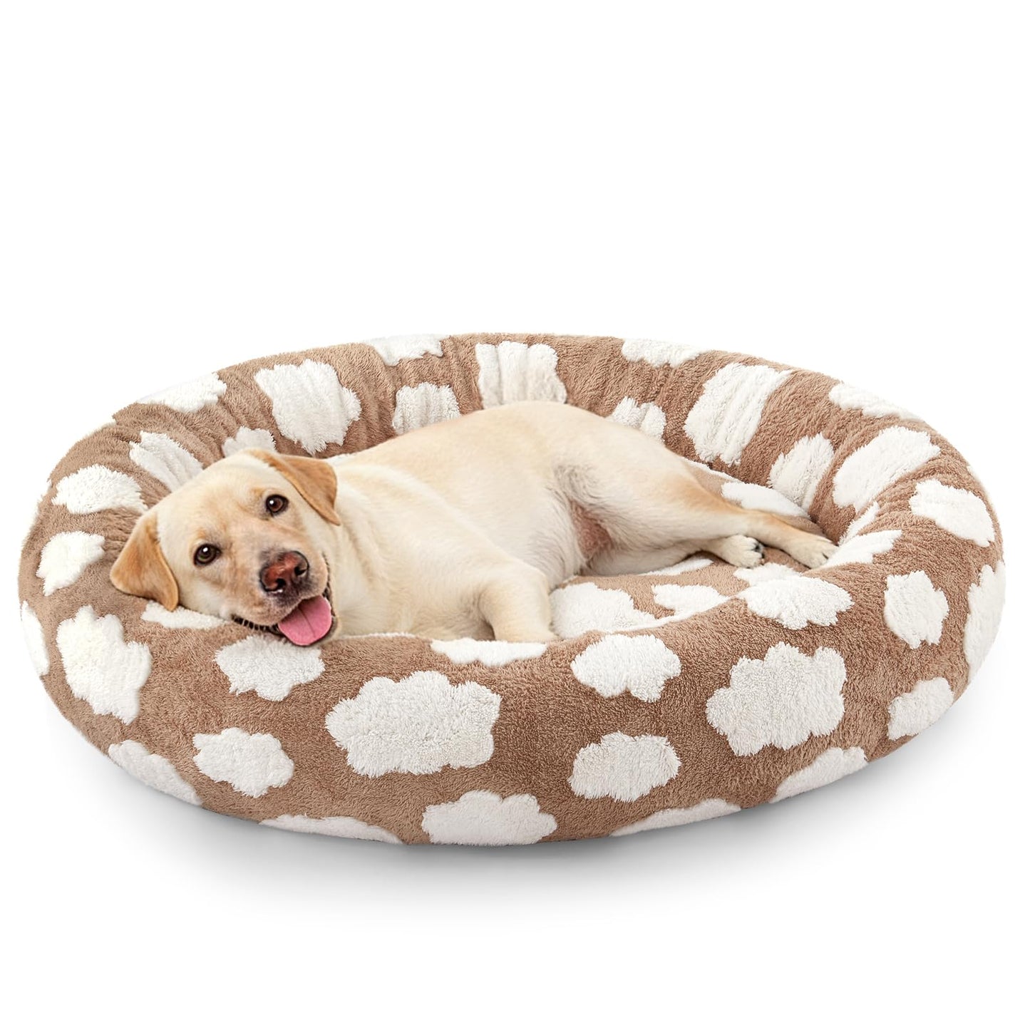 Medium-sized dog bed - A cute round and comfortable pet bed suitable for puppies. The cover fabric is detachable and washable. It features a faux tweed plush material and a non-slip bottom for a supportive dog bed.