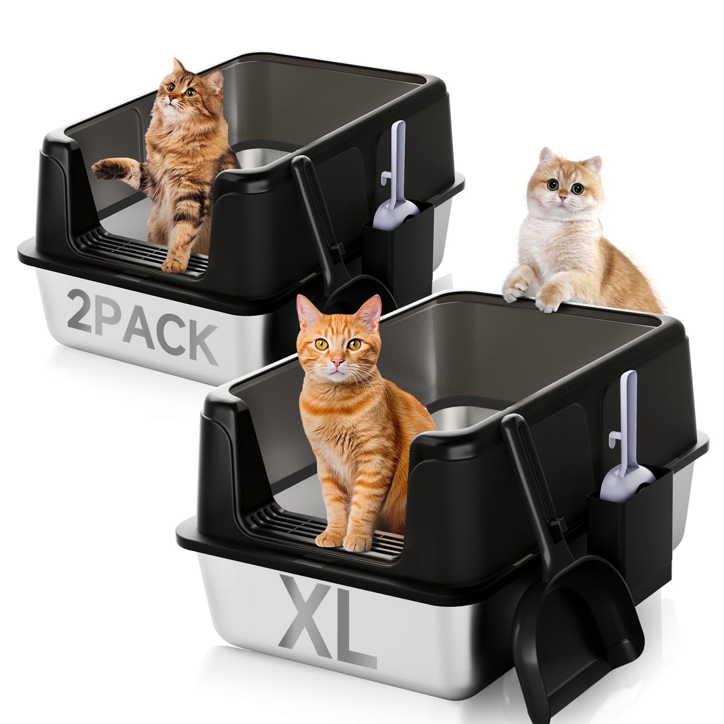 Stainless Steel Cat Litter Box, Odor Free Metal Litter Box with High Sides Lid, Open Top Low Entry Litter Pan Include Scoop Easy Cleaning Anti-Scratch Kitty Cat Box Anti-Urine Leakage, Non-Sticky