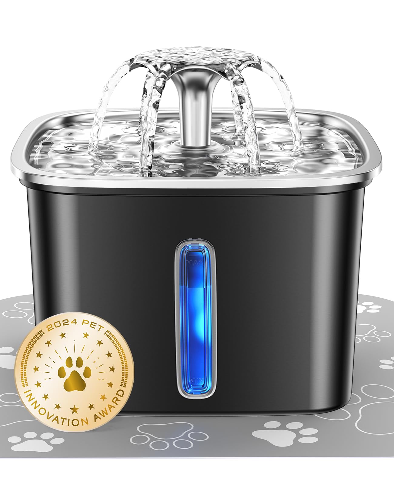 Stainless steel cat water dispenser, capacity 108 ounces / 3.2 liters, automatic pet water fountain, equipped with 3 replaceable filters and silicone pads, suitable for cats and dogs (silver)