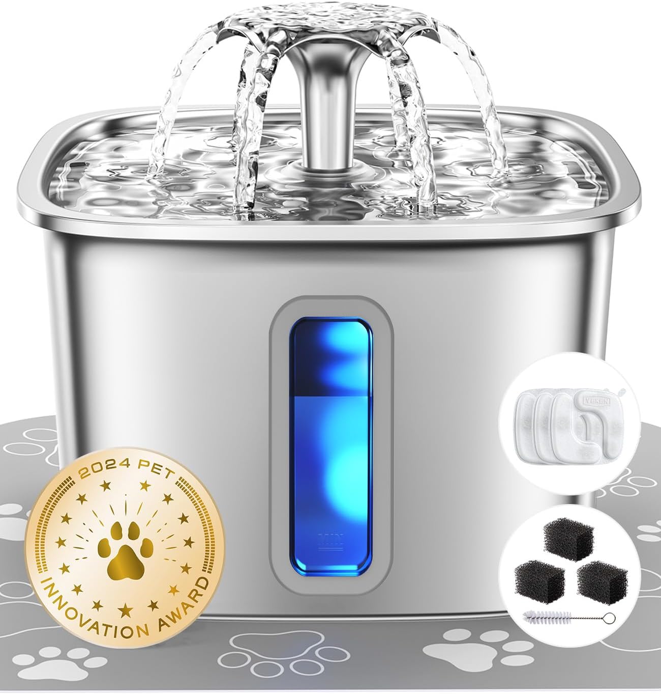 Stainless steel cat water dispenser, capacity 108 ounces / 3.2 liters, automatic pet water fountain, equipped with 3 replaceable filters and silicone pads, suitable for cats and dogs (silver)