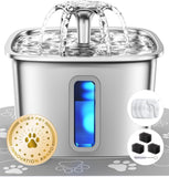 Stainless steel cat water dispenser, capacity 108 ounces / 3.2 liters, automatic pet water fountain, equipped with 3 replaceable filters and silicone pads, suitable for cats and dogs (silver)