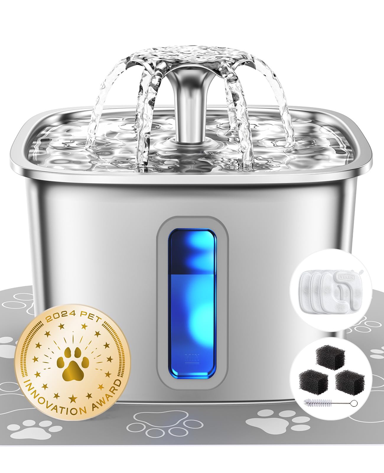 Stainless steel cat water dispenser, capacity 108 ounces / 3.2 liters, automatic pet water fountain, equipped with 3 replaceable filters and silicone pads, suitable for cats and dogs (silver)