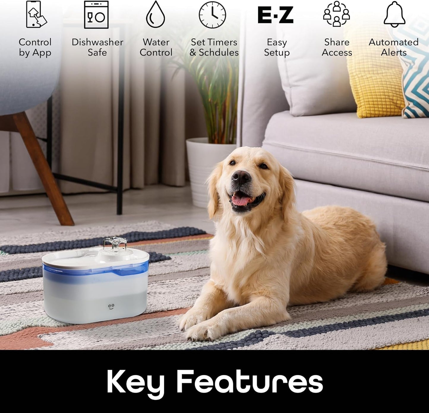 Intelligent pet water dispenser, automatic water bowl filtration system, suitable for cats and dogs, supports Wi-Fi control, compatible with Alexa and Google Home, equipped with cleaning and water refill reminder functions. White model, 2.6 liters.