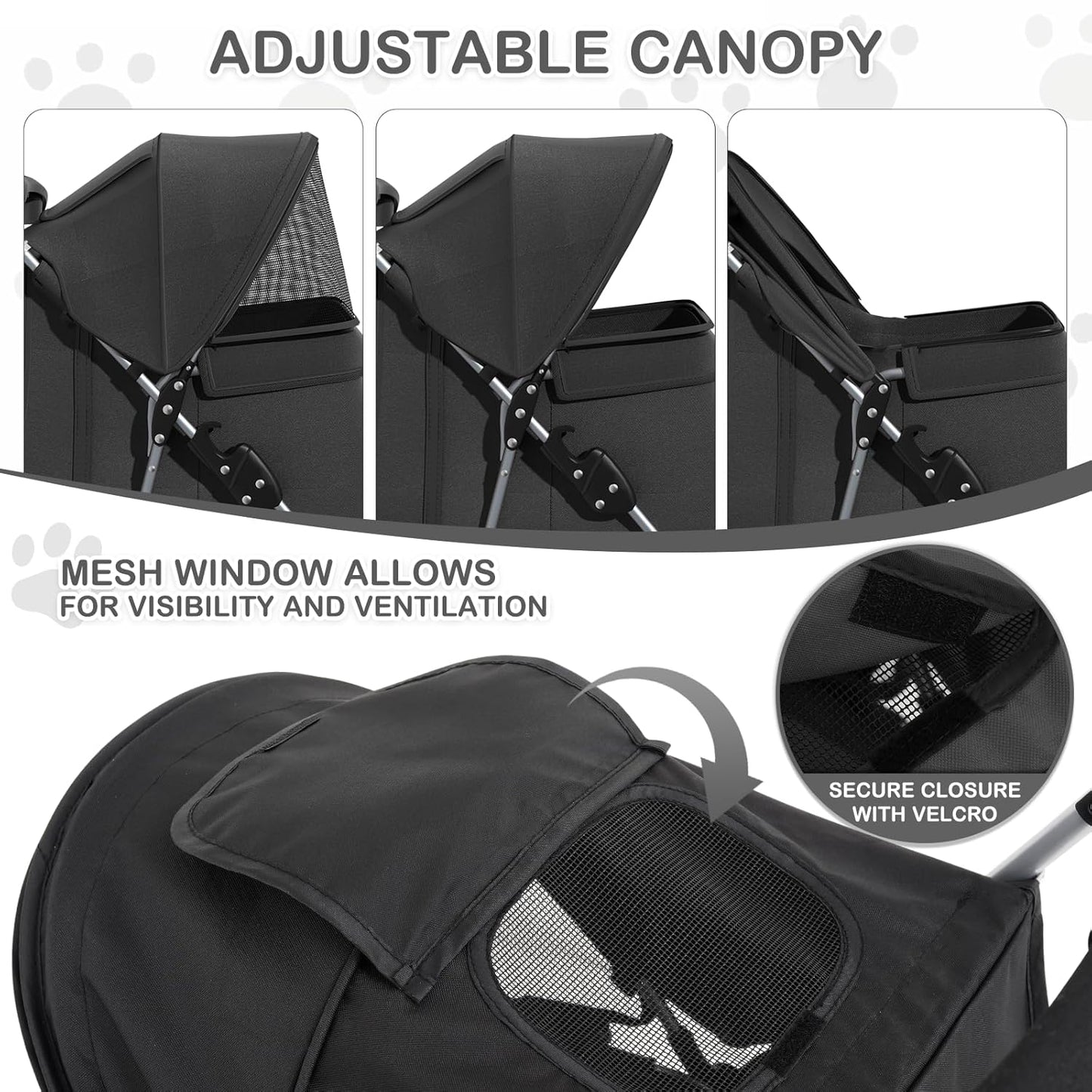 Foldable pet carrier with a rain cover, three-wheel design, suitable for small to medium-sized dogs and cats, equipped with a storage basket and cup holder, featuring a breathable and transparent mesh design, suitable for all seasons, black version.
