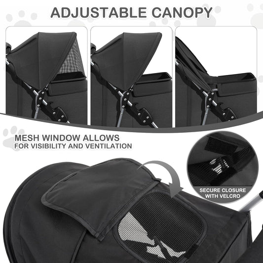 Foldable pet carrier with a rain cover, three-wheel design, suitable for small to medium-sized dogs and cats, equipped with a storage basket and cup holder, featuring a breathable and transparent mesh design, suitable for all seasons, black version.