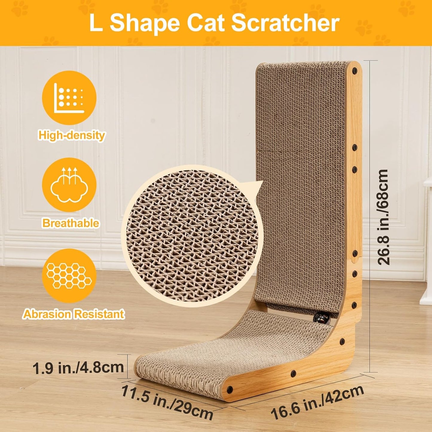 L-shaped cat scratching post, 26.8-inch indoor cat scratching post, cat scratching pad that protects furniture, cardboard cat scratching post with spherical toys, cat mint, large size