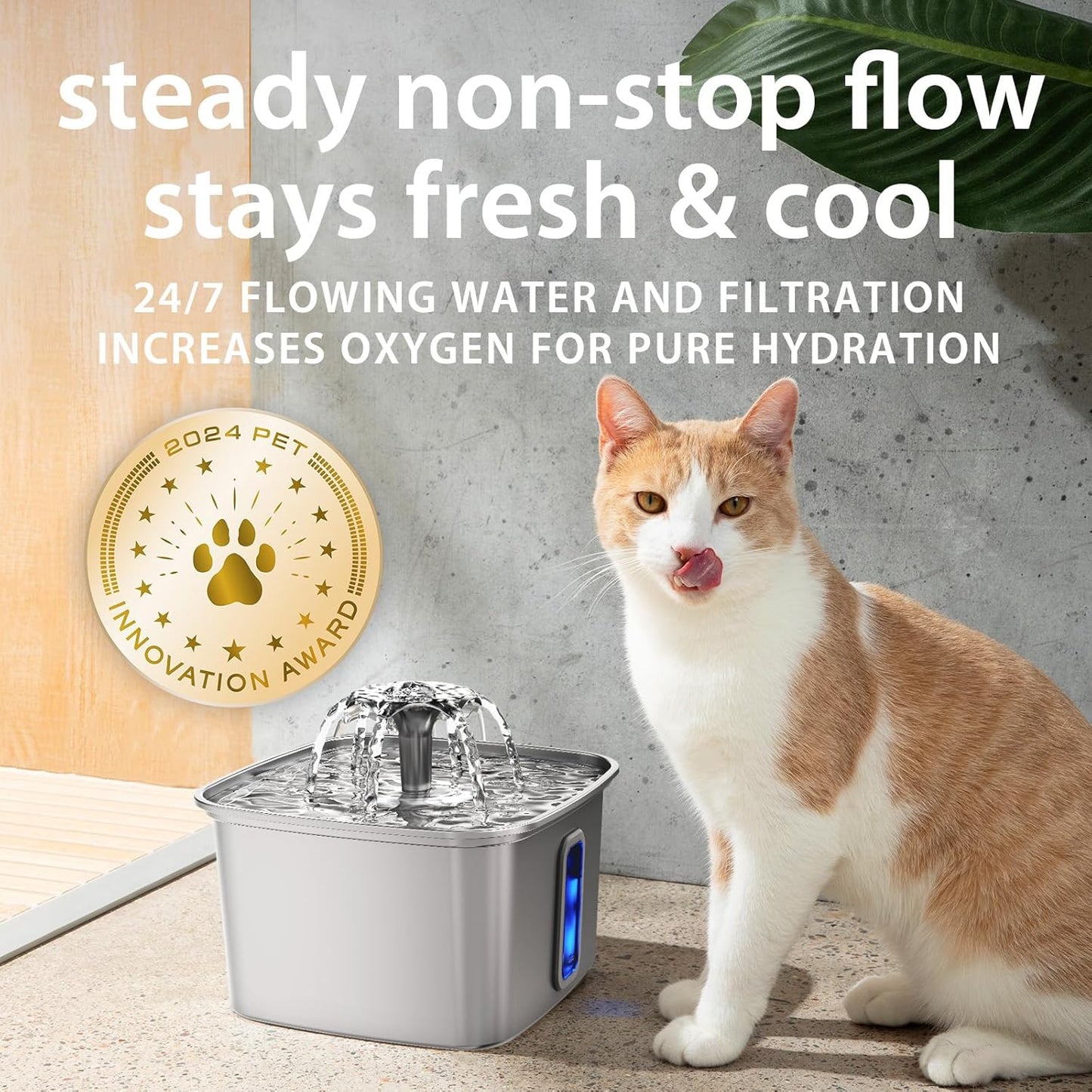 Stainless steel cat water dispenser, capacity 108 ounces / 3.2 liters, automatic pet water fountain, equipped with 3 replaceable filters and silicone pads, suitable for cats and dogs (silver)
