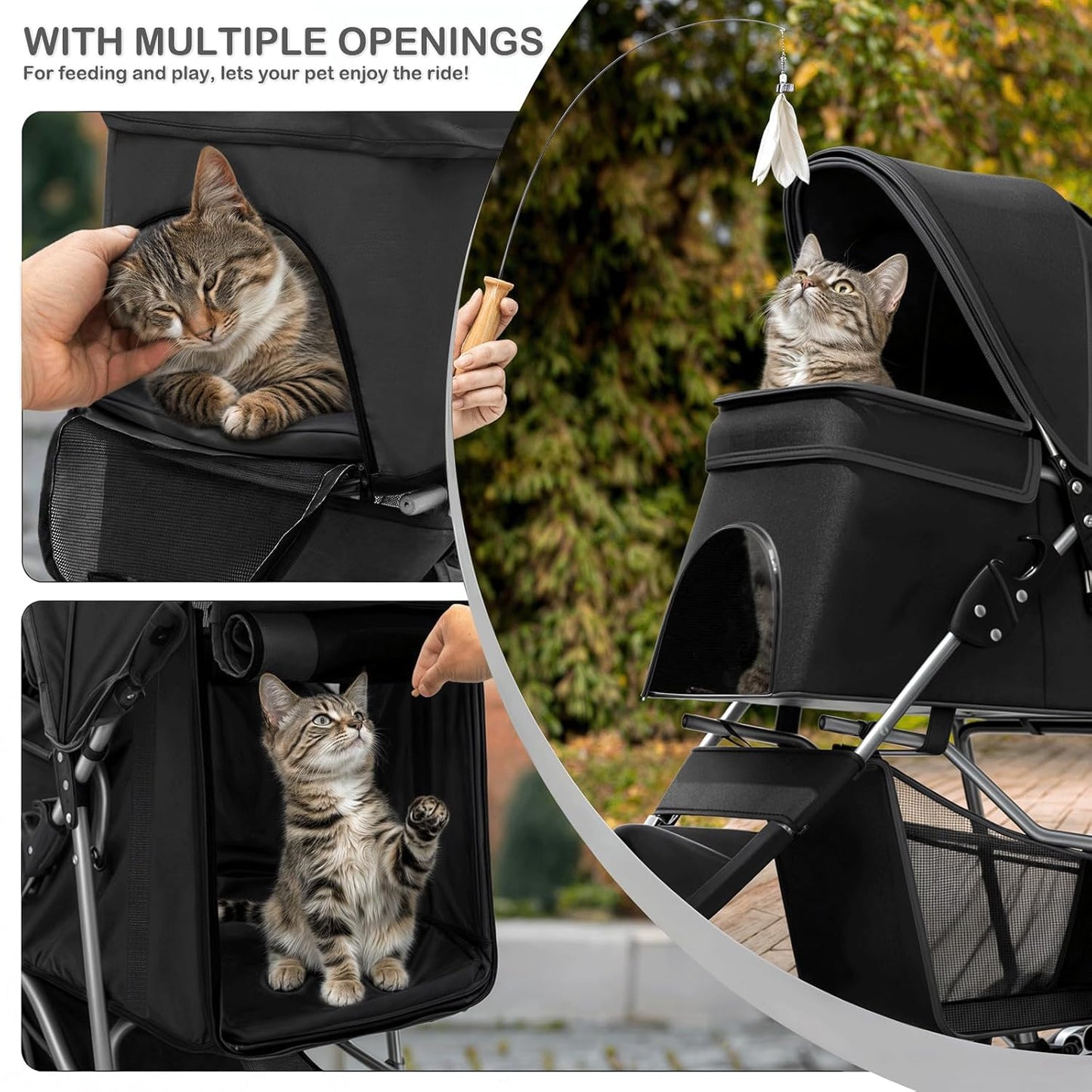 Foldable pet carrier with a rain cover, three-wheel design, suitable for small to medium-sized dogs and cats, equipped with a storage basket and cup holder, featuring a breathable and transparent mesh design, suitable for all seasons, black version.