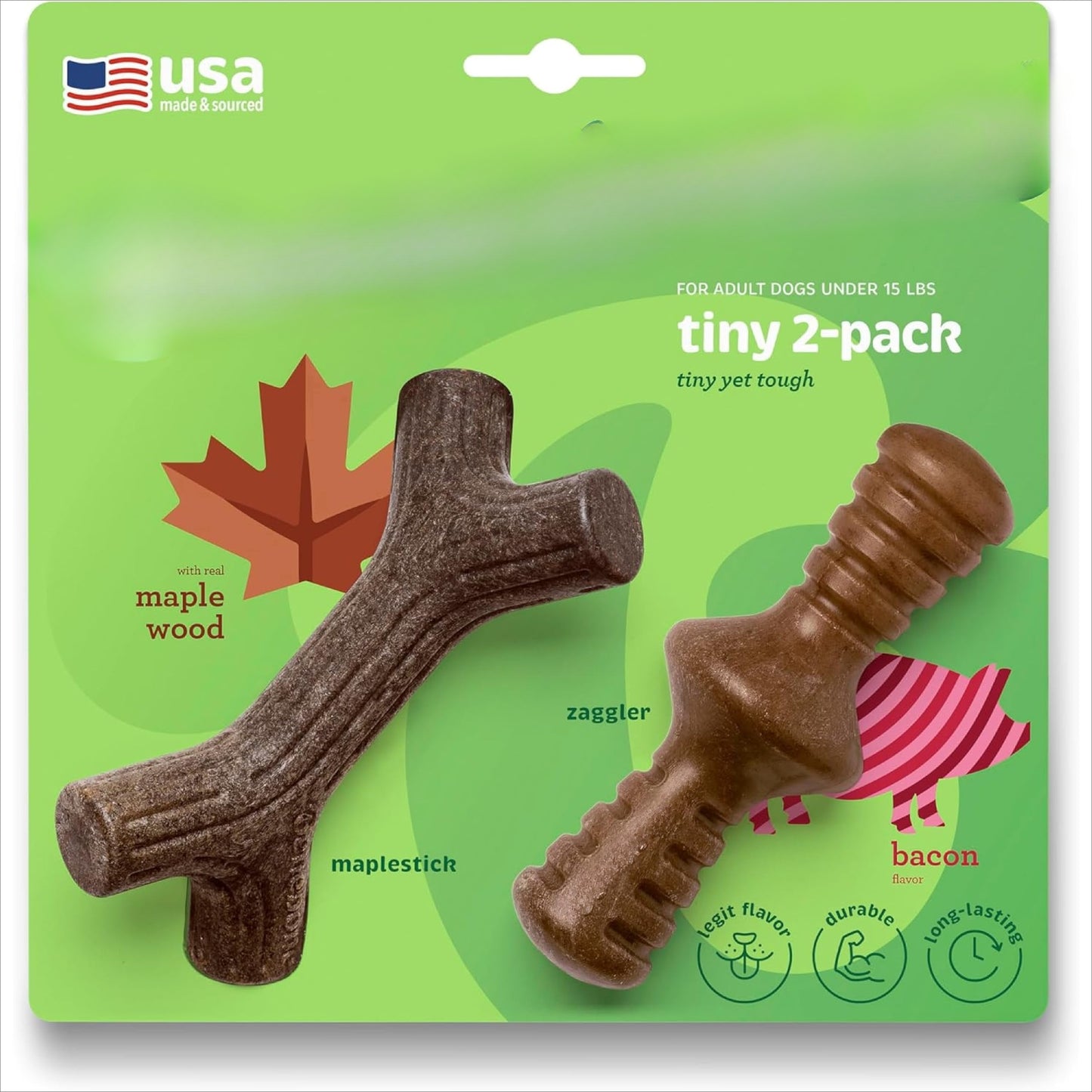2-piece sturdy teeth-tearing dog chew toy, specially designed for dogs that love chewing. Made of real bacon, manufactured in the USA, medium size.