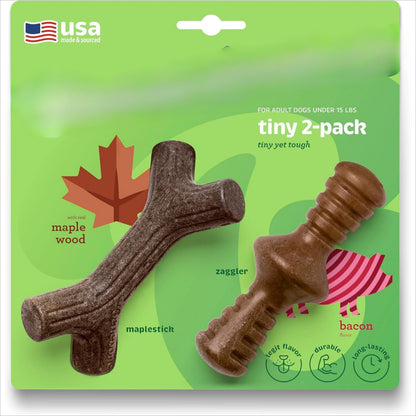 2-piece sturdy teeth-tearing dog chew toy, specially designed for dogs that love chewing. Made of real bacon, manufactured in the USA, medium size.