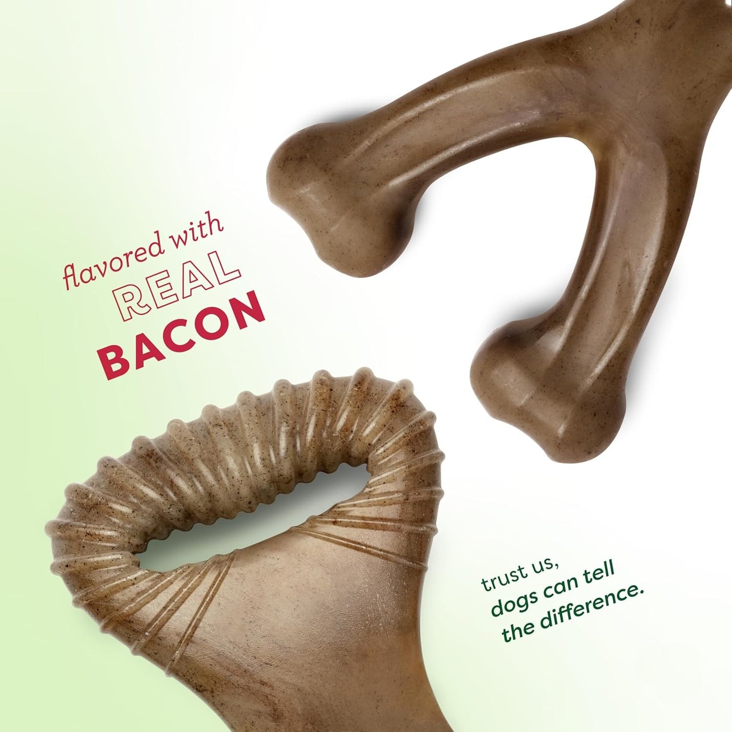 2-piece sturdy teeth-tearing dog chew toy, specially designed for dogs that love chewing. Made of real bacon, manufactured in the USA, medium size.