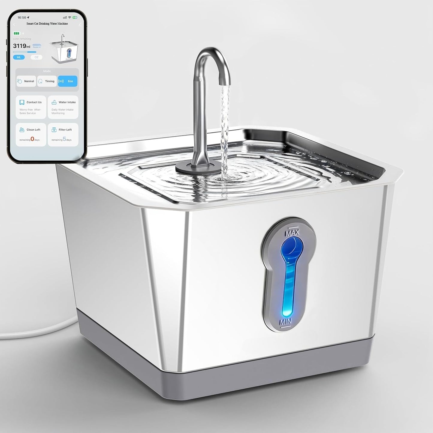 Smart Cat Water Dispenser (with app), 3.5-liter stainless steel gravity-fed pet water dispenser, silent pump, low water level alarm and water consumption tracking function