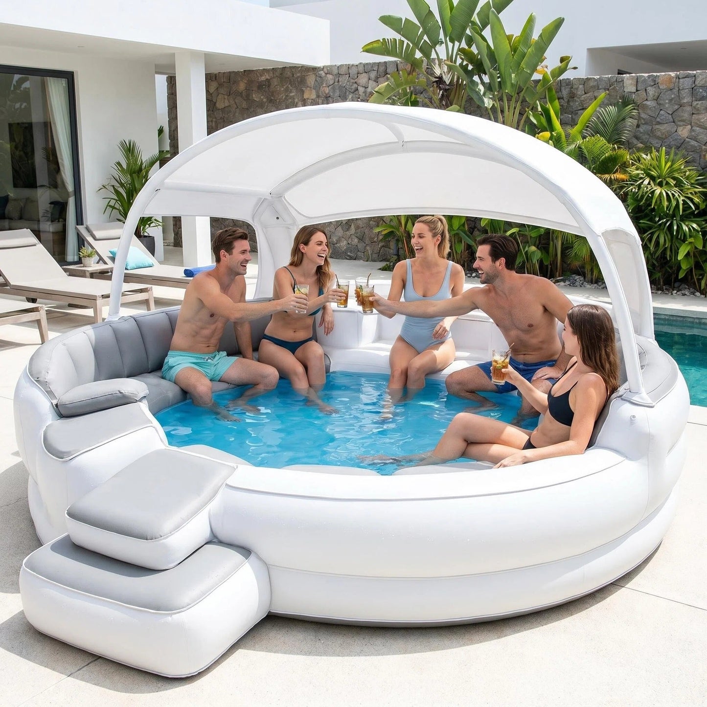 6-Person Inflatable Lounge Pool with Canopy & LED Lights – Quick Setup, Puncture-Resistant PVC for Backyard Parties