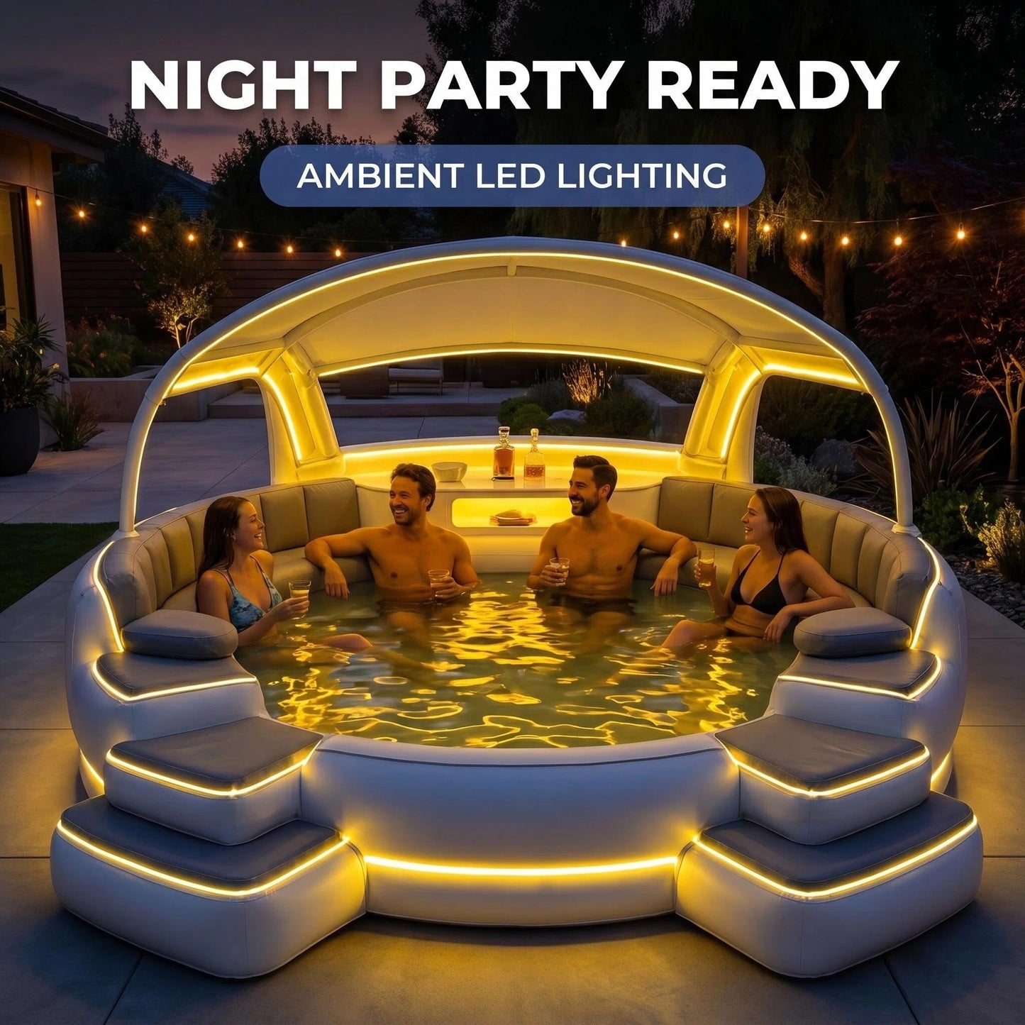 6-Person Inflatable Lounge Pool with Canopy & LED Lights – Quick Setup, Puncture-Resistant PVC for Backyard Parties