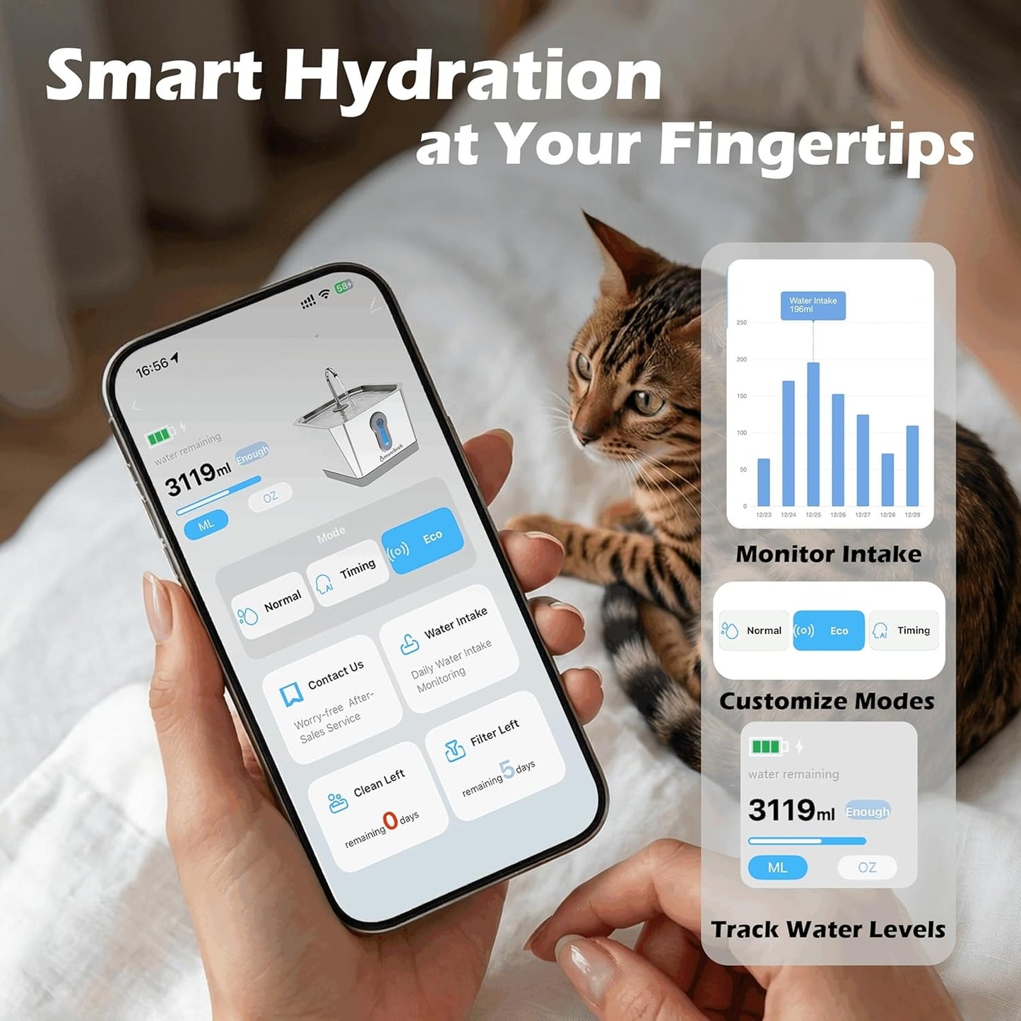 Smart Cat Water Dispenser (with app), 3.5-liter stainless steel gravity-fed pet water dispenser, silent pump, low water level alarm and water consumption tracking function